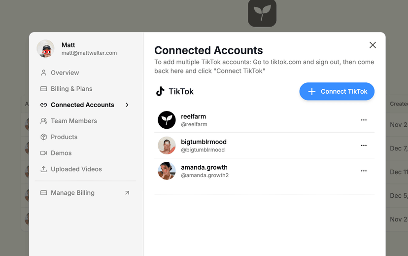 Connect unlimited TikTok accounts to ReelFarm